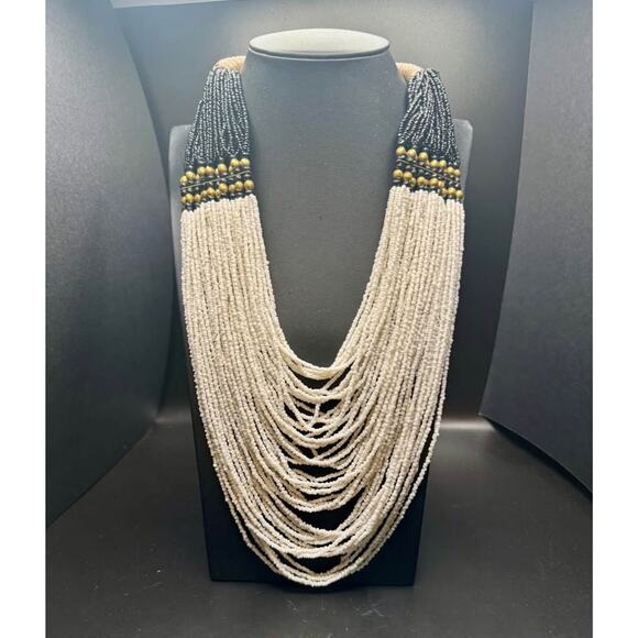 Vintage Handmade Multistring White and black Beaded Statement Necklace - Picture 4 of 9